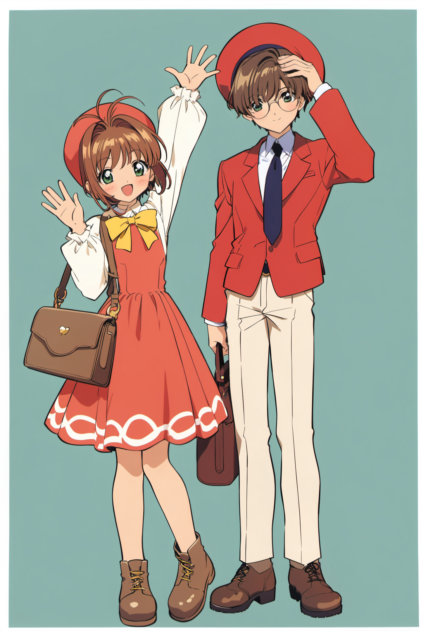 22193-63187489-1girl, 1boy, glasses, brown hair, bag, hat, jacket, smile, long sleeves, open mouth, waving, _d, short hair, blush, brown footwe.png